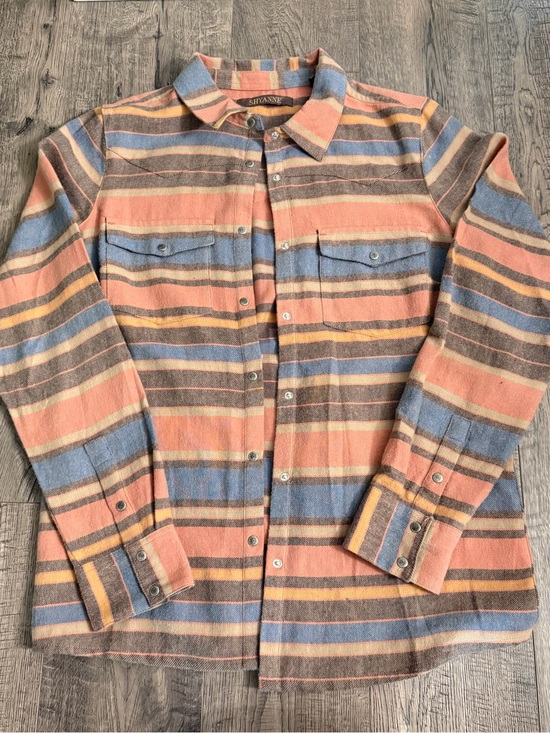 Shyanne Tops - Shyanne Striped Button-Down Shirt in Peach, Blue & Brown
